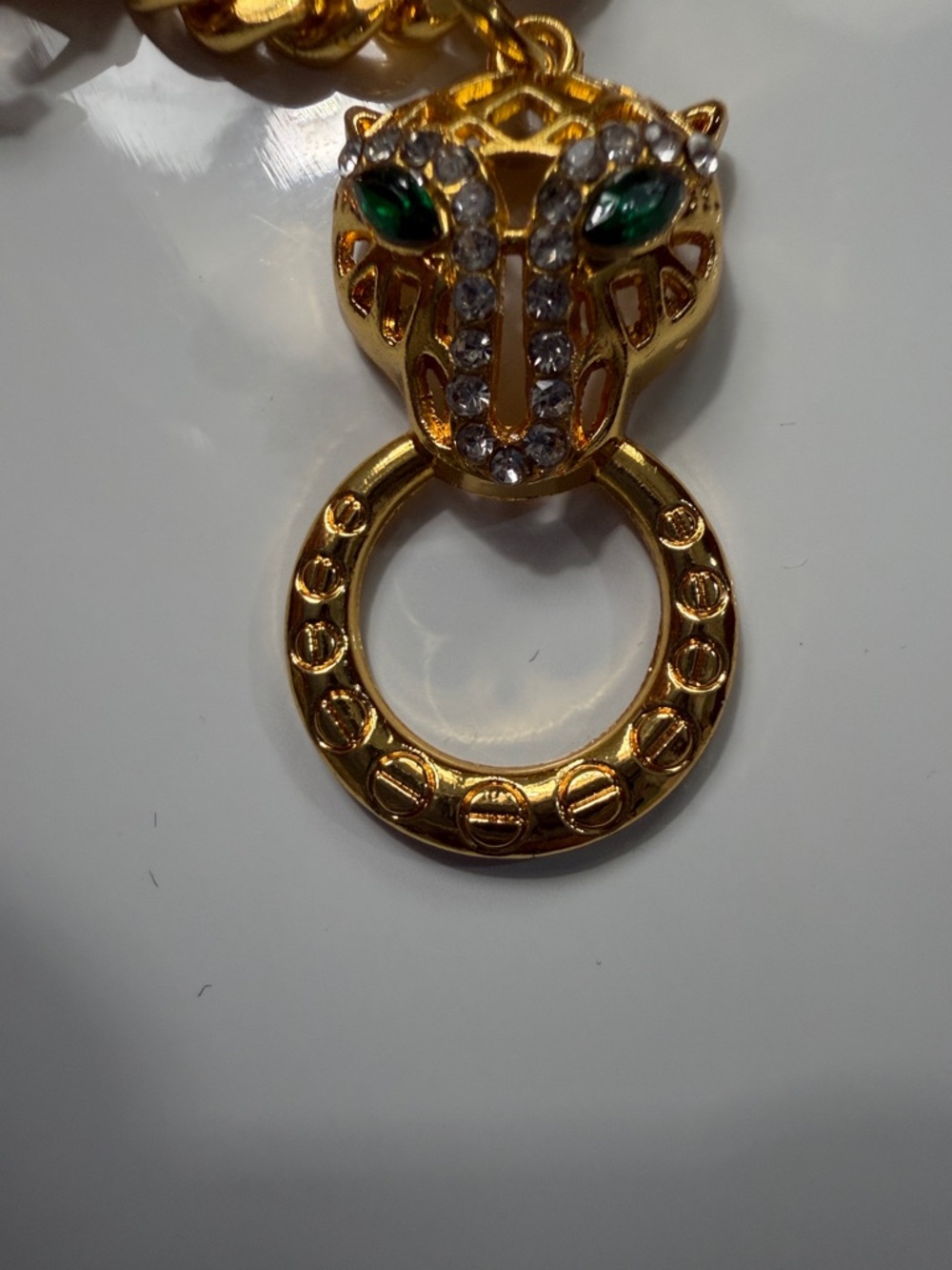 Fake Gold colored panther Chain Necklace with Green Crystal Eyes - Picture 3 of 4
